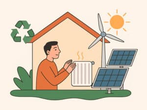 casa sostenible con radiadores, paneles solares, turbina eólica y símbolos ecológicos