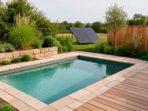 Piscina sostenible rodeada de madera, piedra reciclada, vegetación y paneles solares en un entorno natural