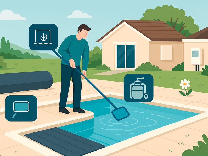 limpiando una piscina en primavera junto a un cobertor enrollado y equipo de filtración en un jardín verde