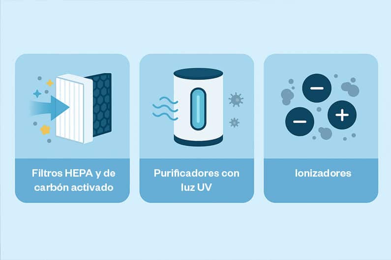 Tecnologías avanzadas para la purificación del aire, filtros HEPA, purificadores con luz UV, ionizadores.