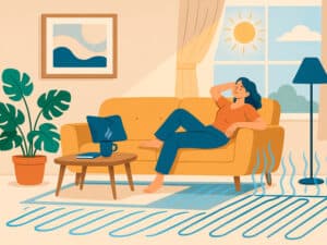 Mujer disfrutando del confort del suelo radiante refrescante en verano en su salón