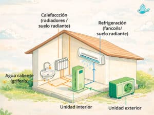 Esquema de aerotermia para calefacción y agua caliente sanitaria en vivienda