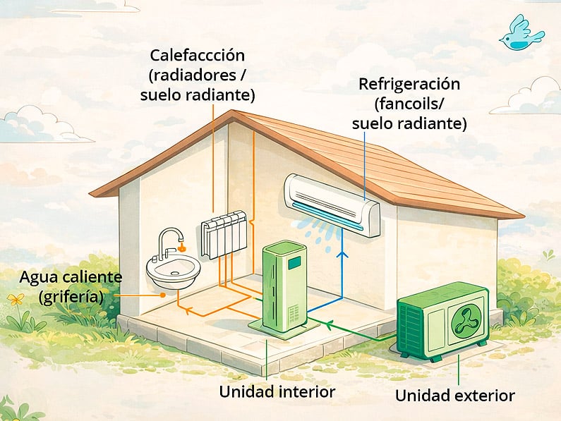 Esquema de aerotermia para calefacción y agua caliente sanitaria en vivienda